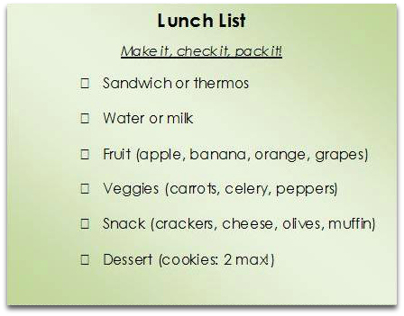 Independednt Kids, Healthy Lunches - Leslie Tralli - lunch list pic